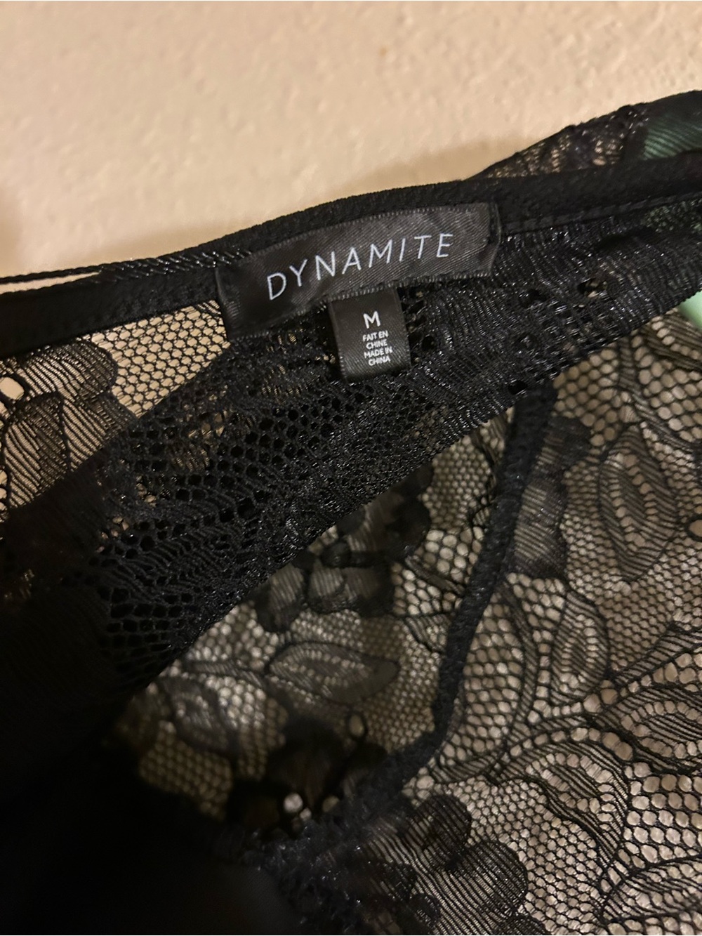 Dynamite Black Lace Sheer Long Sleeve V-Neck Inset Bodysuit Size Medium
